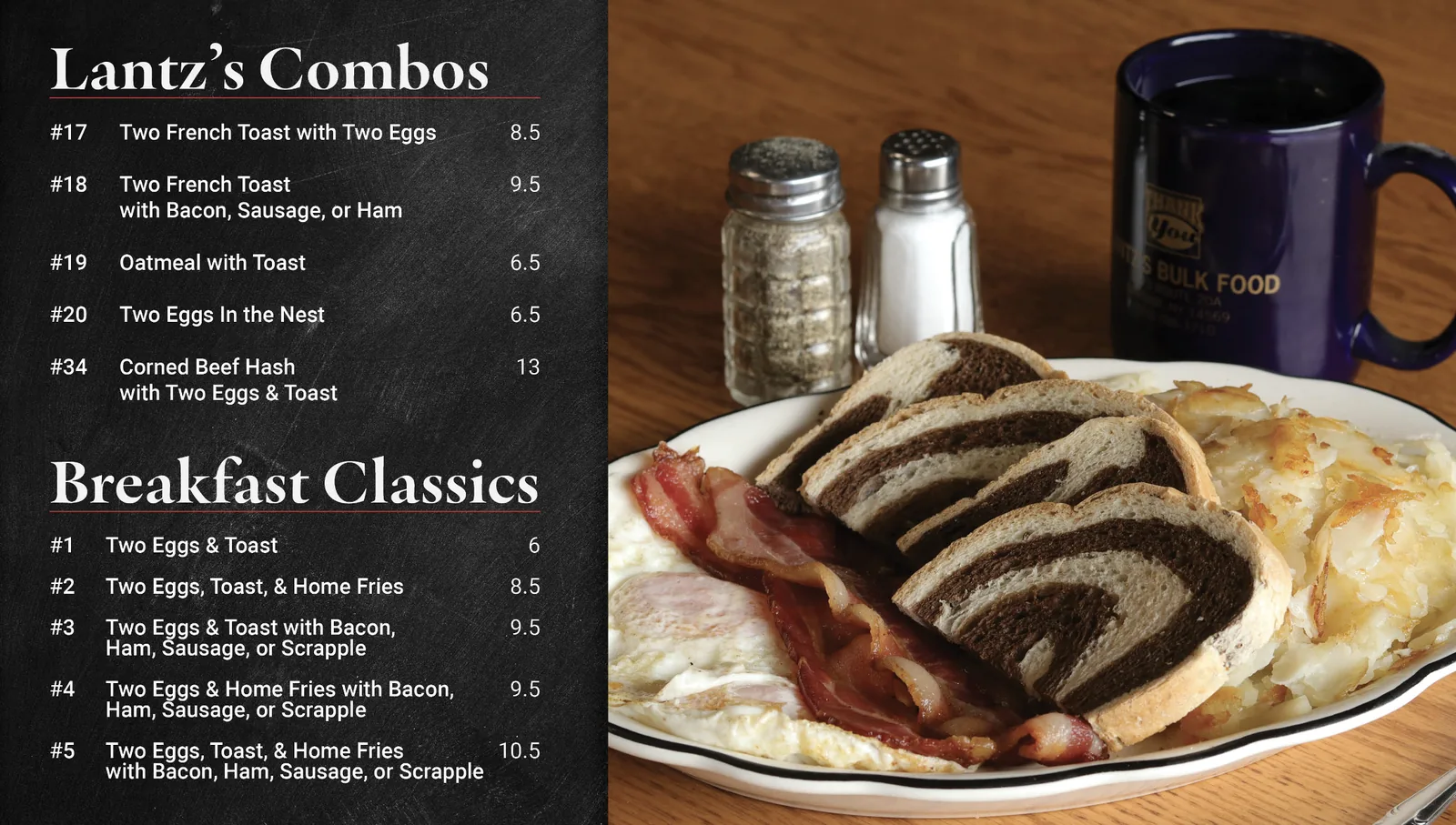 Menu board: Lantz's Combos, numbers 17 to 20 and 34, and Breakfast Classics, numbers 1 to 5.