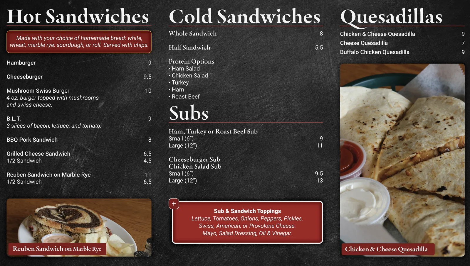 Menu board: Hot Sandwiches, Cold Sandwiches, Subs, Quesadillas, and sub and sandwich toppings.