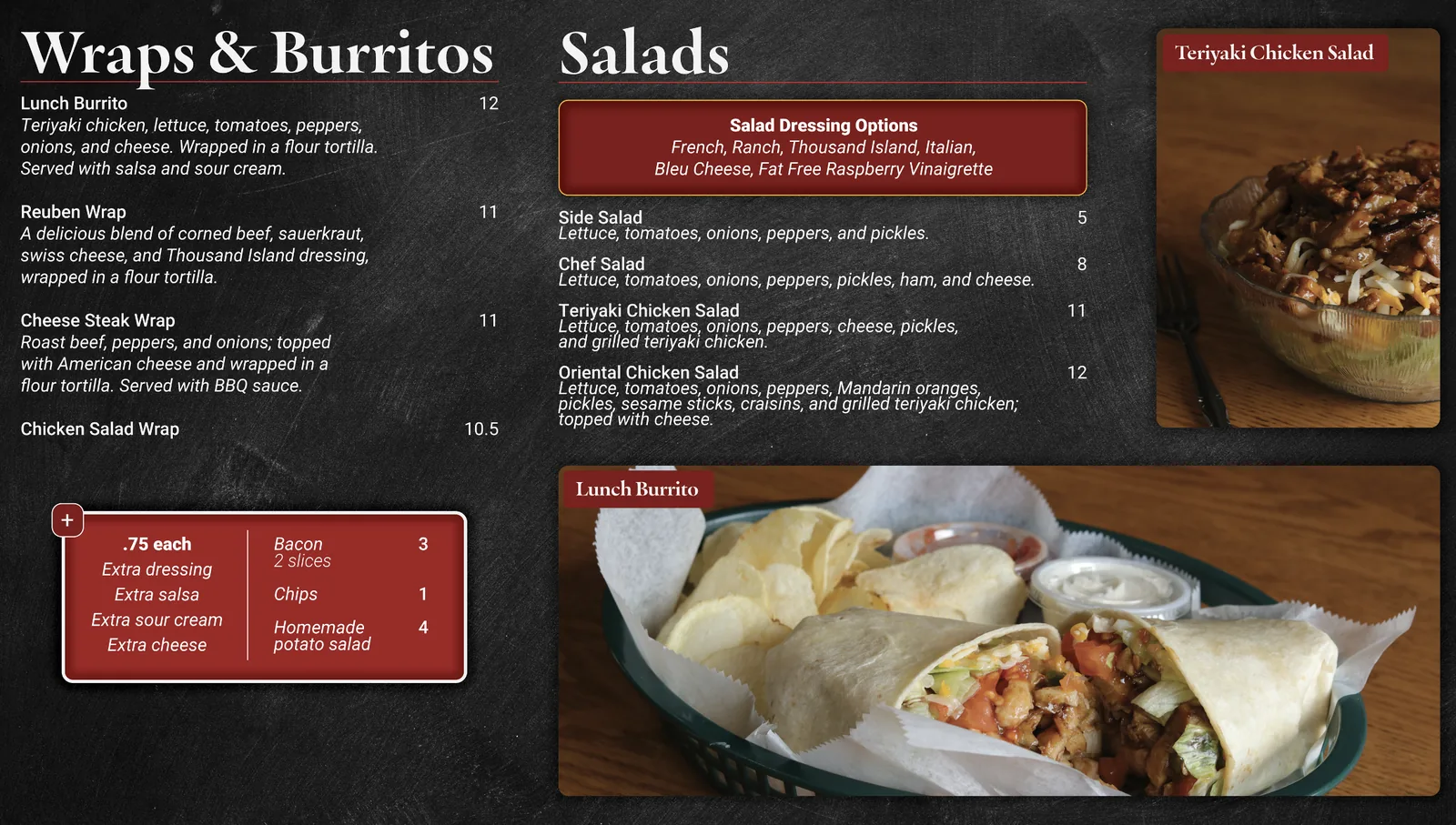 Menu board: Wraps and Burritos, Salads with dressing options, and extras.